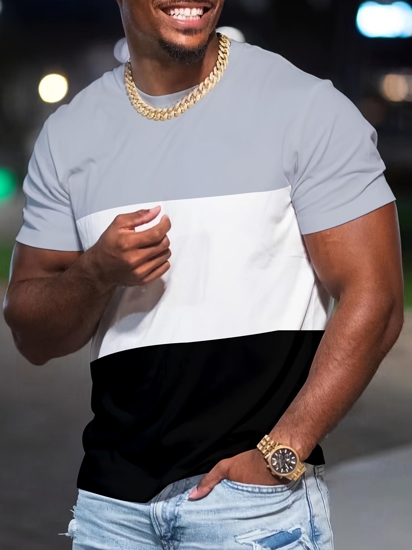 MBDMBD Men's Slim Fit Color Block T-Shirt - Casual, Stretchy Polyester Blend, Crew Neck, Machine Washable - Summer Essential in Black, Pink, and White