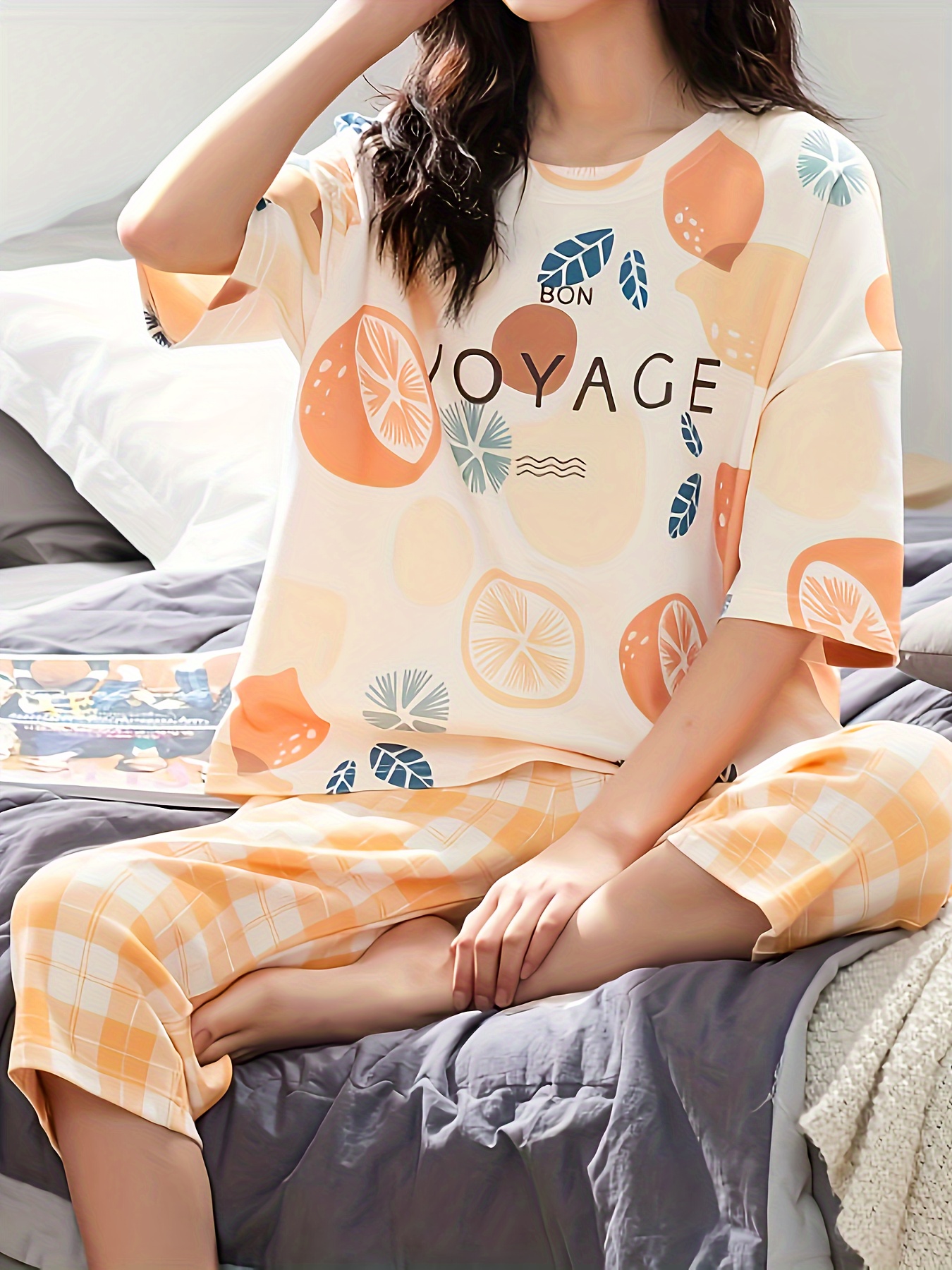 Casual Comfy Plaid Pajamas Set Round Collar Short Sleeve Top - Temu