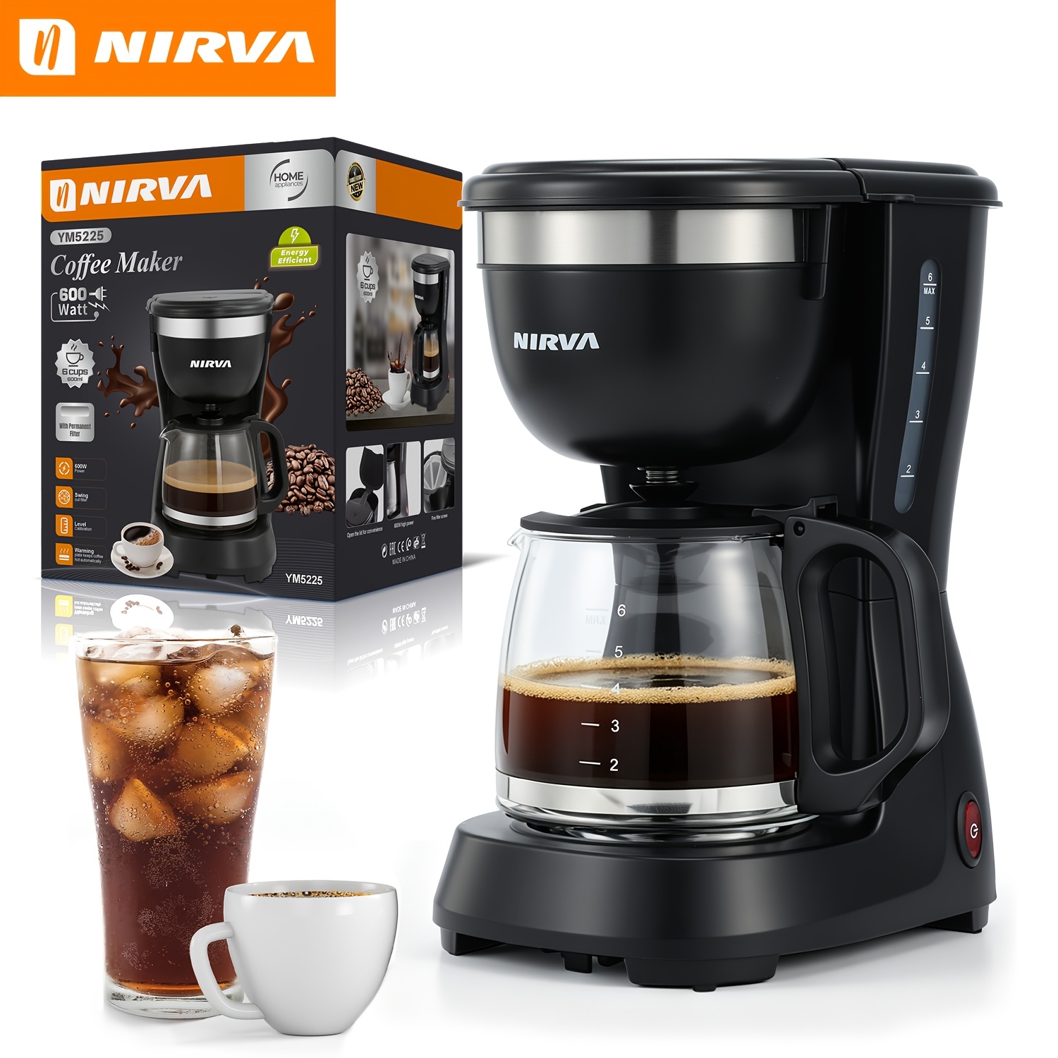 Nirva 6-cup Compact Drip Coffee , Built-in Reusable Nylon Filter, Function, Water Gauge, Drip-less Carafe, Space- Design, Great For Kitchens And Small Apartments