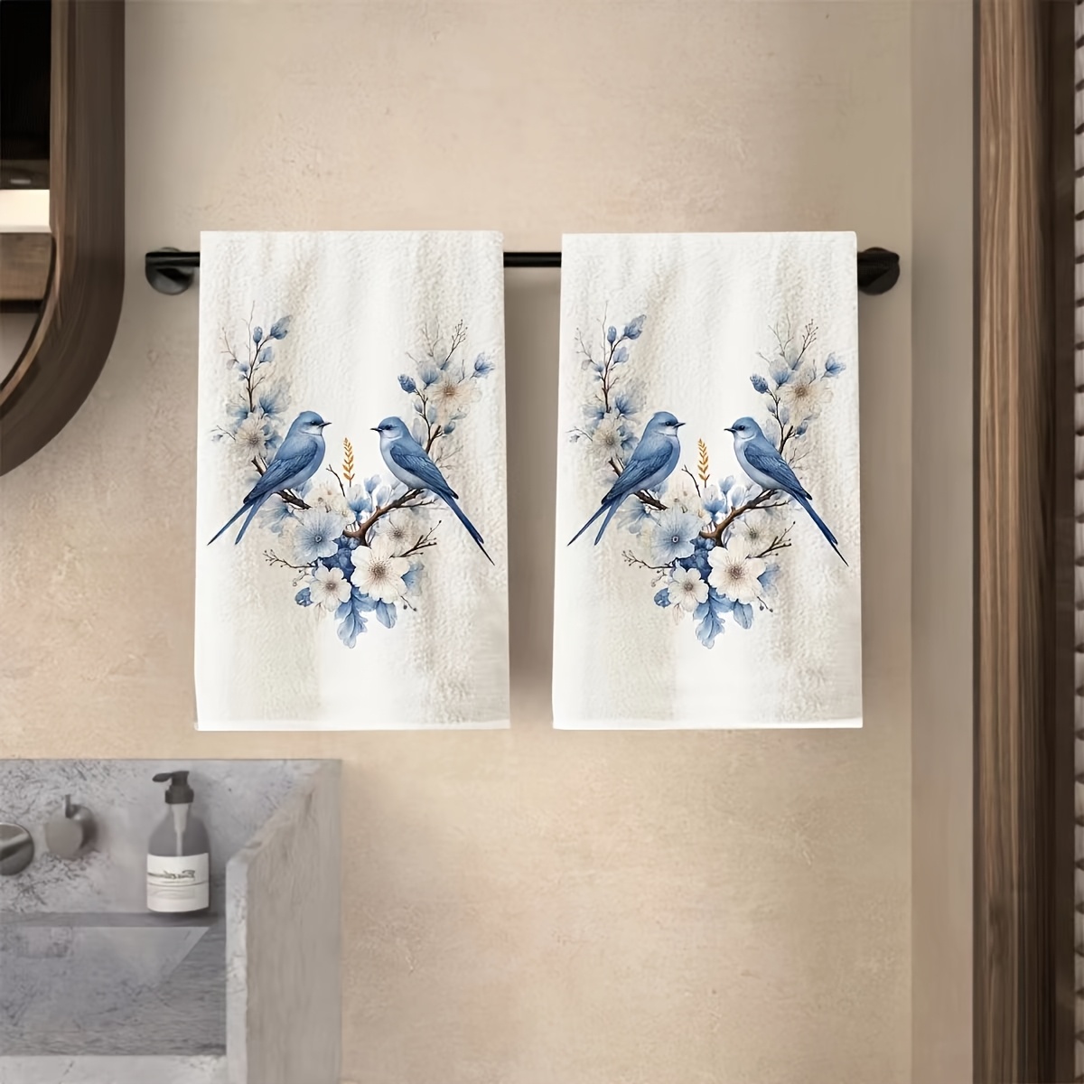TEMU 2pcs Set, With Blue Birds And Flowers, Modern Towel Design, Cooking Baking Tea Towel, Dishcloth, Super Soft, Kitchen Decor, Neighbor Gift,