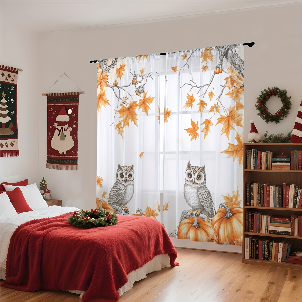 TEMU 2pcs Autumn Owl Pumpkin Maple Leaf Print Semi-sheer Curtains - 100% Polyester Contemporary Rod Pocket Window Drapery For Kitchen, Living Room,