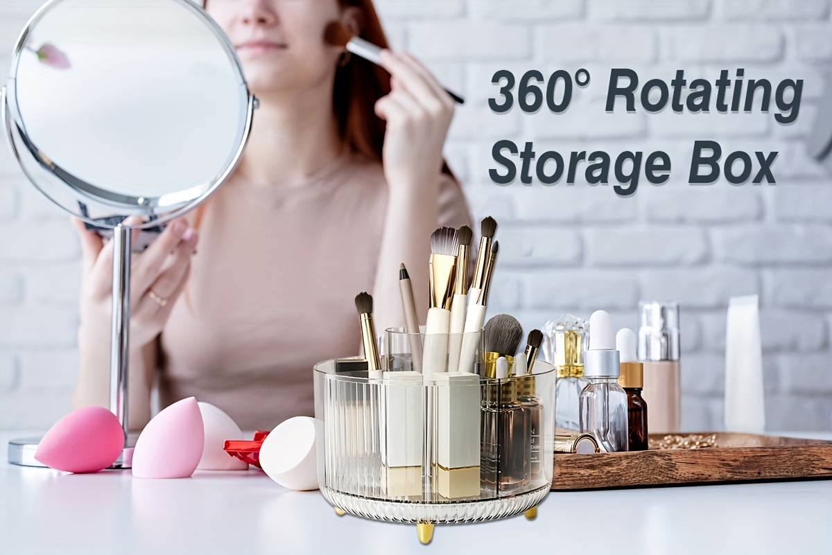 transparent cosmetic storage   organizer 360 rotating storage box large capacity storage box with 5 compartments multifunctional desktop makeup brush lipstick pens stationery storage and organization baskets bins containers for   Product details 0