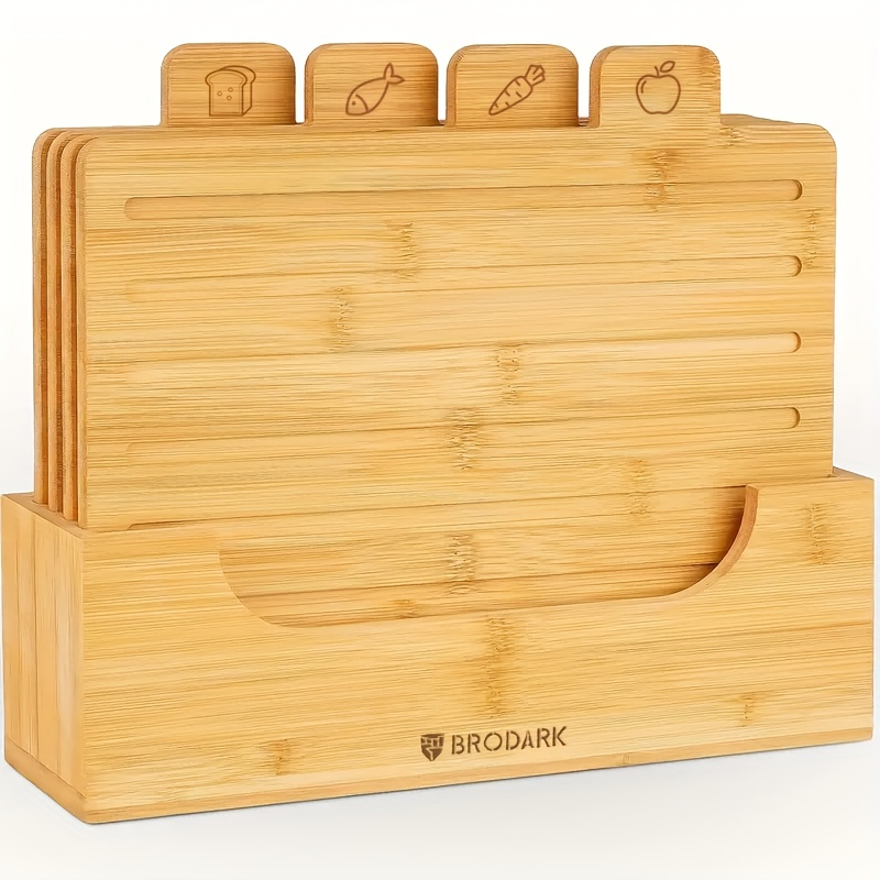 

Wooden Cutting Boards For Kitchen, Bamboo Cutting Board Set Of 4 With Holder Butcher , Chopping Meat Cutting Board Built- In Compartments Juice With Bread Vegetables Fruit