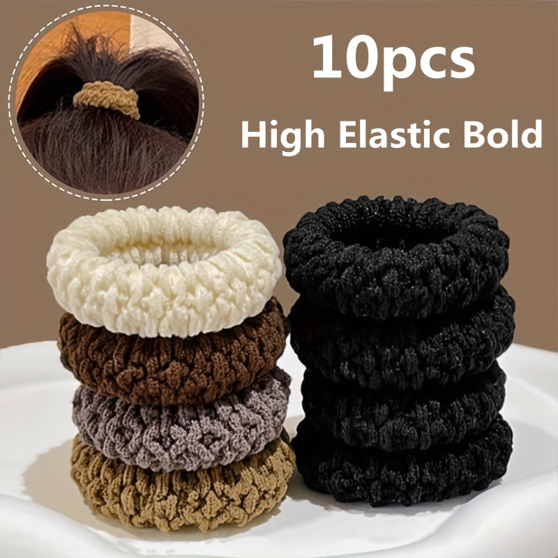 TEMU 10pcs High Elastic Thick Hair Ties Set, Fabric Hair Rings For Women - Elegant & Sweet Style Solid Color Ponytail Holders, Soft No-crease Hair Bands For Adults, Assorted Colors