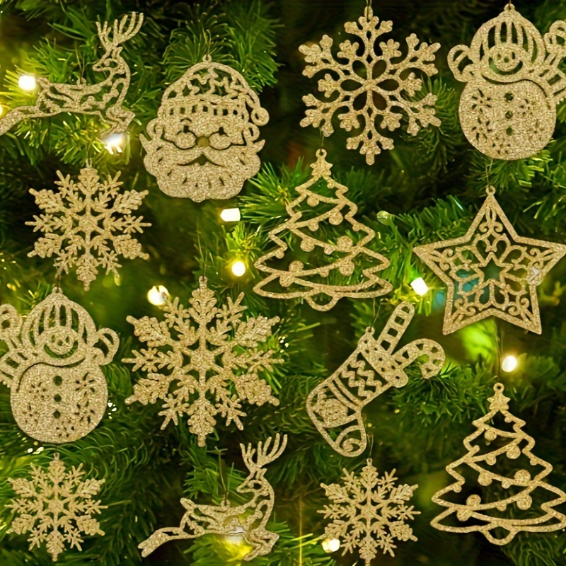 

20pcs Sparkling Christmas Ornaments Set - Golden, Green & Rose Golden Snowflakes With Santa, Reindeer & More - Perfect For Tree Decoration, Wreaths & Home Decor