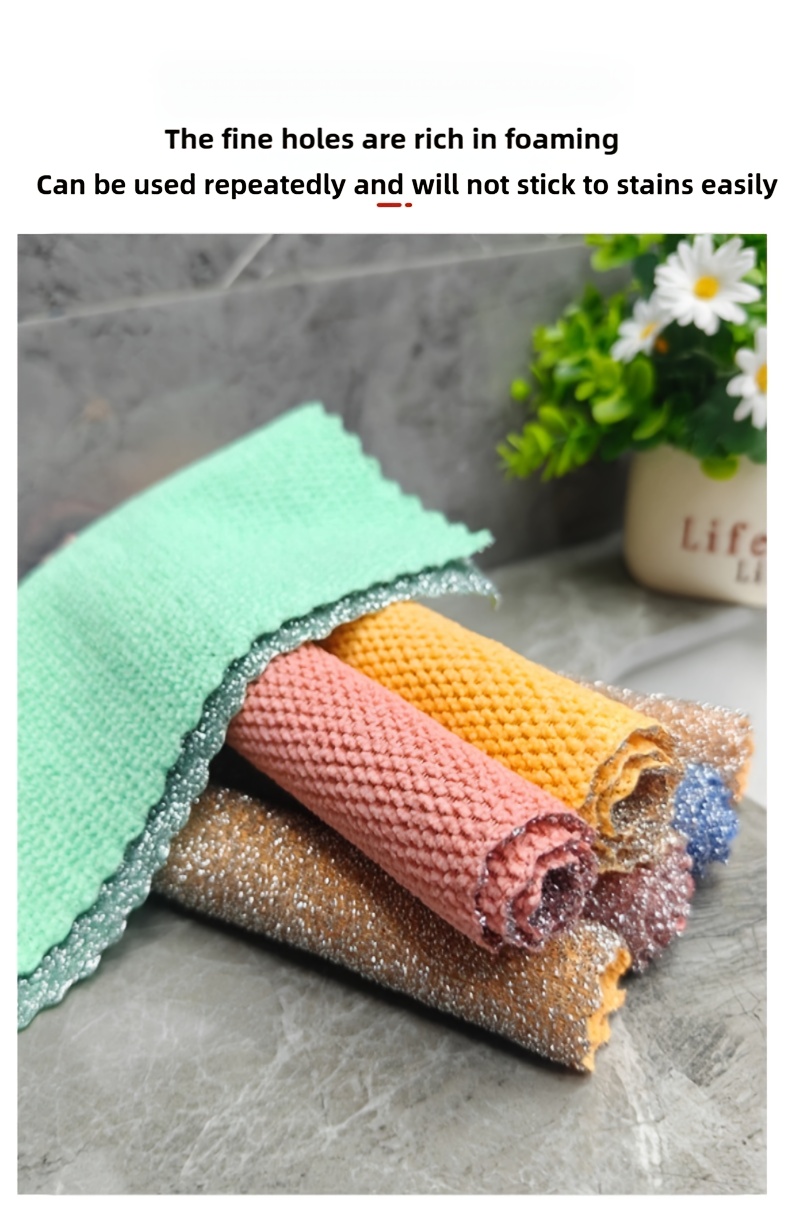 3pcs 5pcs 10pcs multifunctional double sided steel wire fine velvet cleaning cloth double sided kitchen scrubber high absorbency   polyester for cleaning tableware and kitchenware commercial cleaning tool details 1