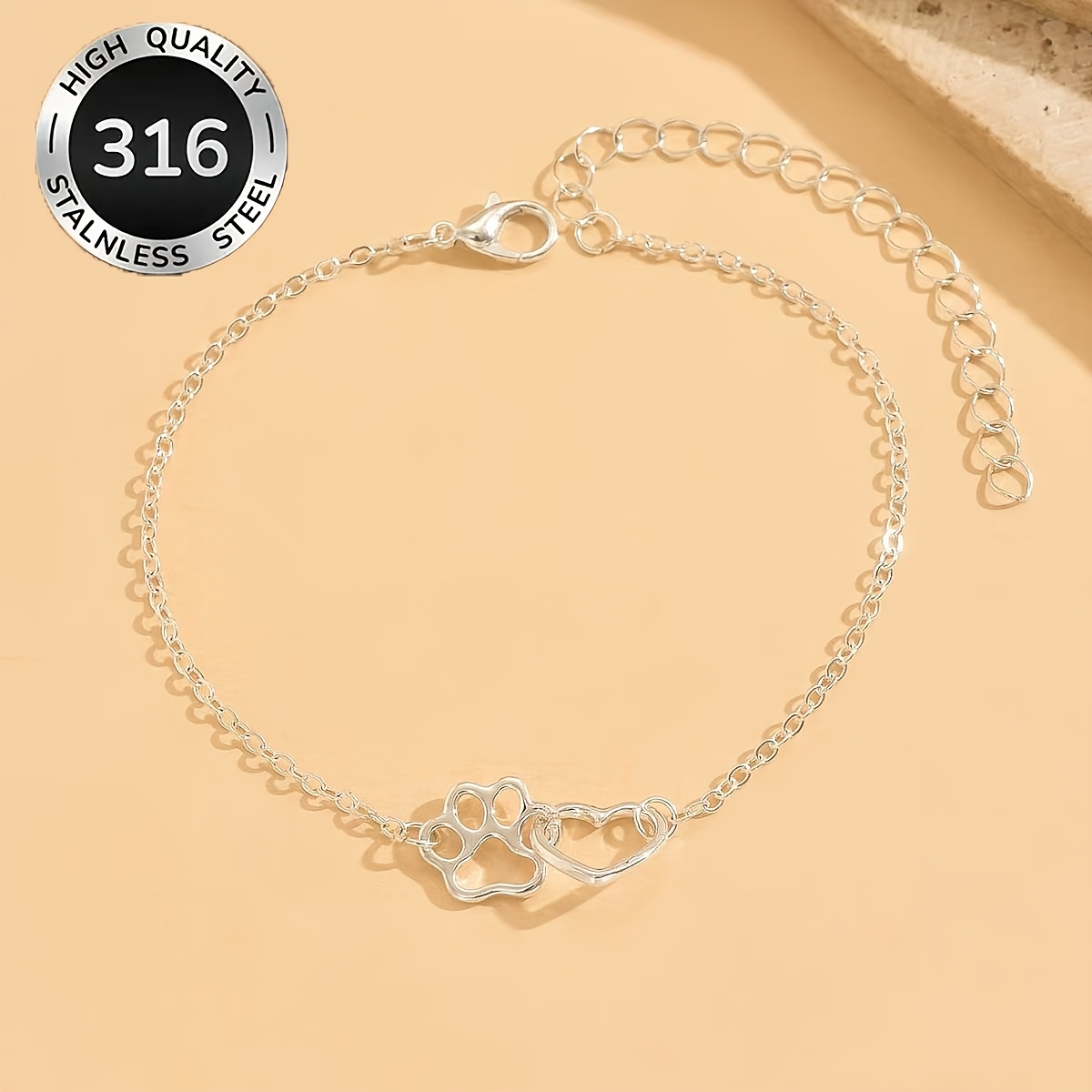 Image of High-quality Stainless Steel Minimalist Cat And Dog Paw Print Heart Anklet Ins Women's Hollow Peach Heart Valentine's Day Anklet