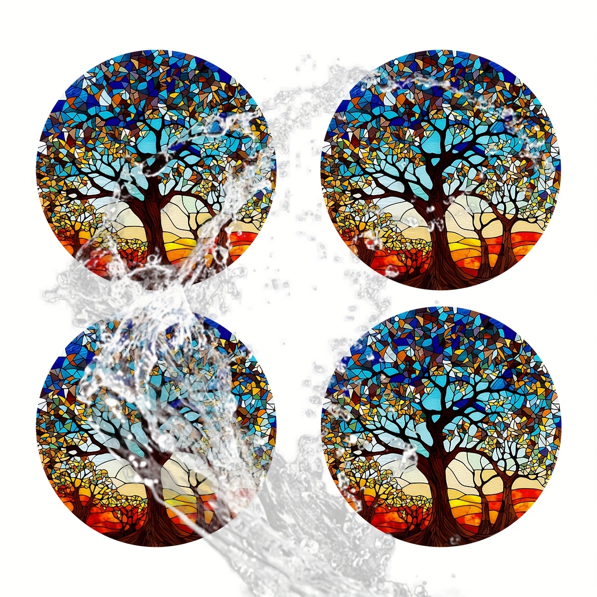 TEMU 4pcs Vibrant Tree Of Life Car Coasters, 2.755-inch Round Pu Leather Decorative Car Coasters, Household And Car Water Cup Mats, Beverage Mats,