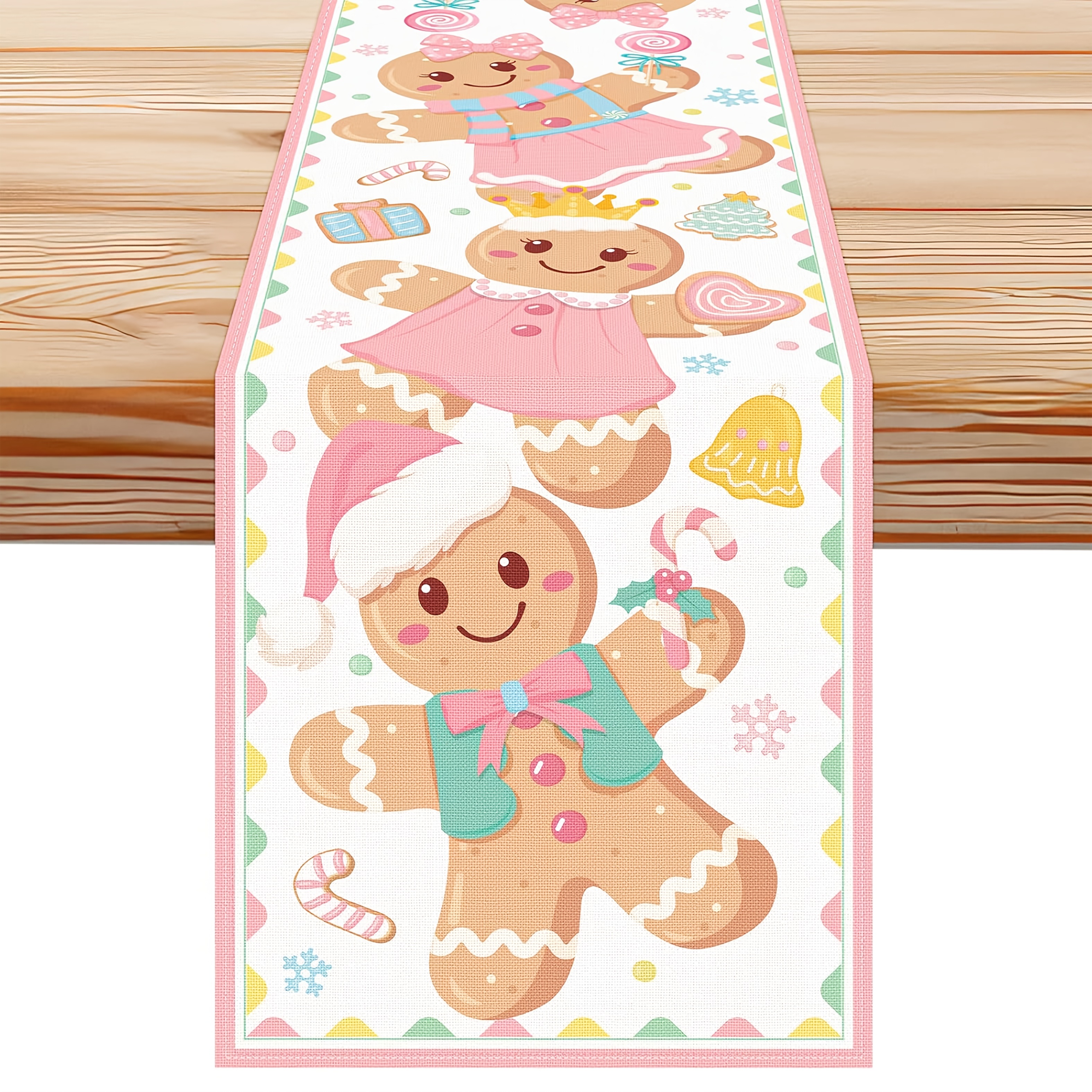TEMU 1pc Table Runner, Merry Christmas Cute Gingerbread Man Table Runner, Christmas Gingerbread Man Snowflake Candy Bell Kitchen Decoration, Indoor
