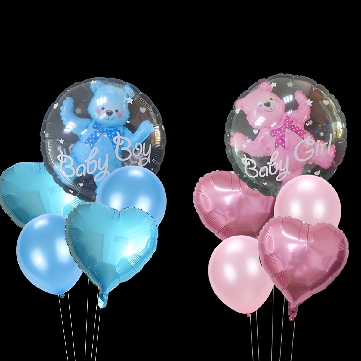 

5-piece Gender Reveal Balloon Set - Blue & Pink Bear Transparent Foil Balloons With Heart Accents For Baby Shower & First Birthday Party Decorations