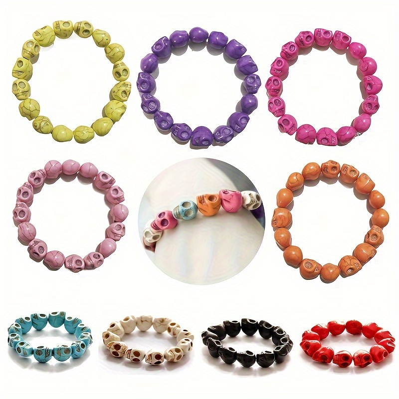 

10pcs/set Halloween Skull Bracelet Synthetic Turquoise Multicolor Ghost Head Hand String Skull Elastic Bracelet Trend Jewelry Punk Style Retro Bracelet Perfect For Couple Hot Girl Friendship