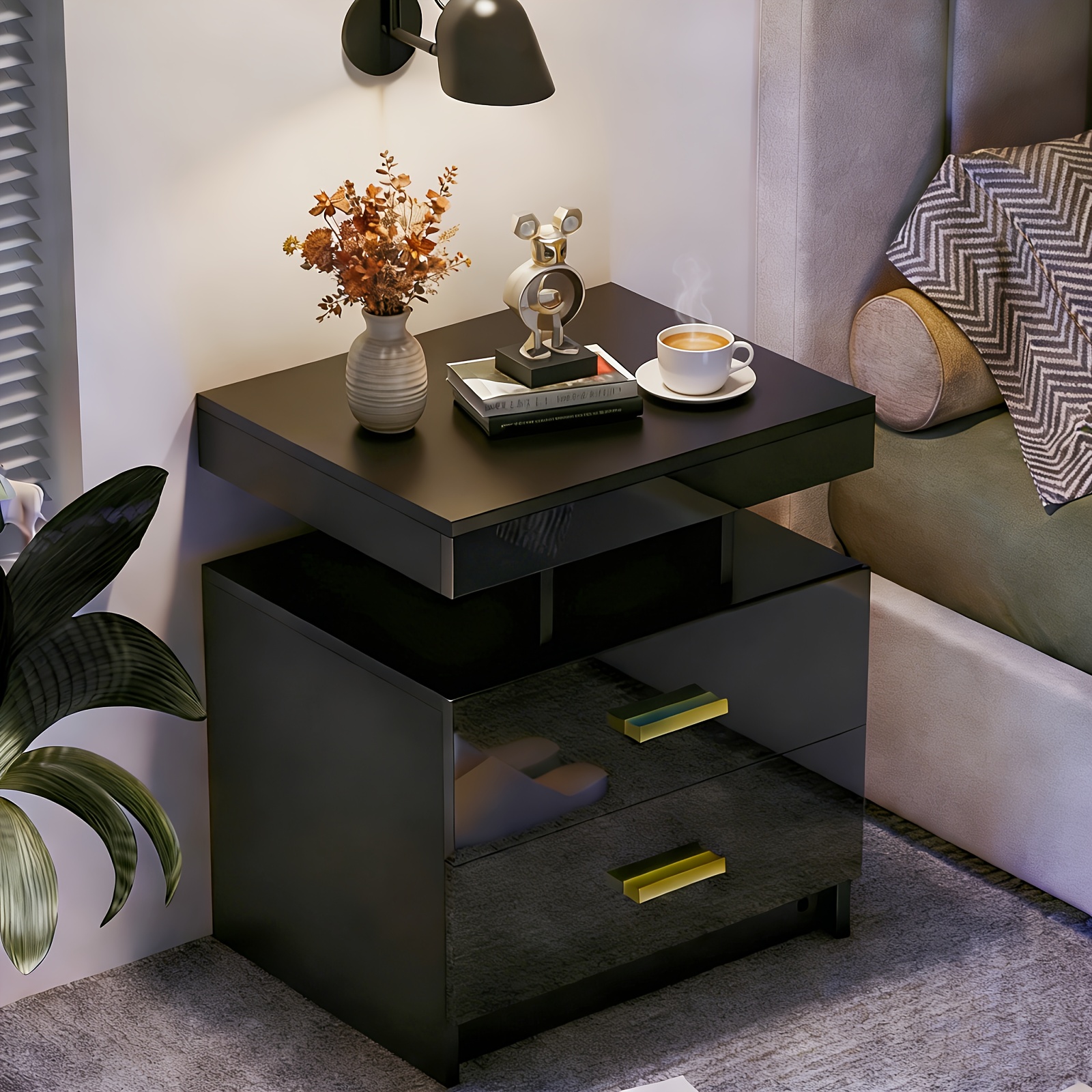 TEMU Black Nightstand With 2 Drawers, Compact Sofa Side Cabinet, Glossy Office Side Cabinet, Sofa Side Cabinet, Display Cabinet, Golden Handles,