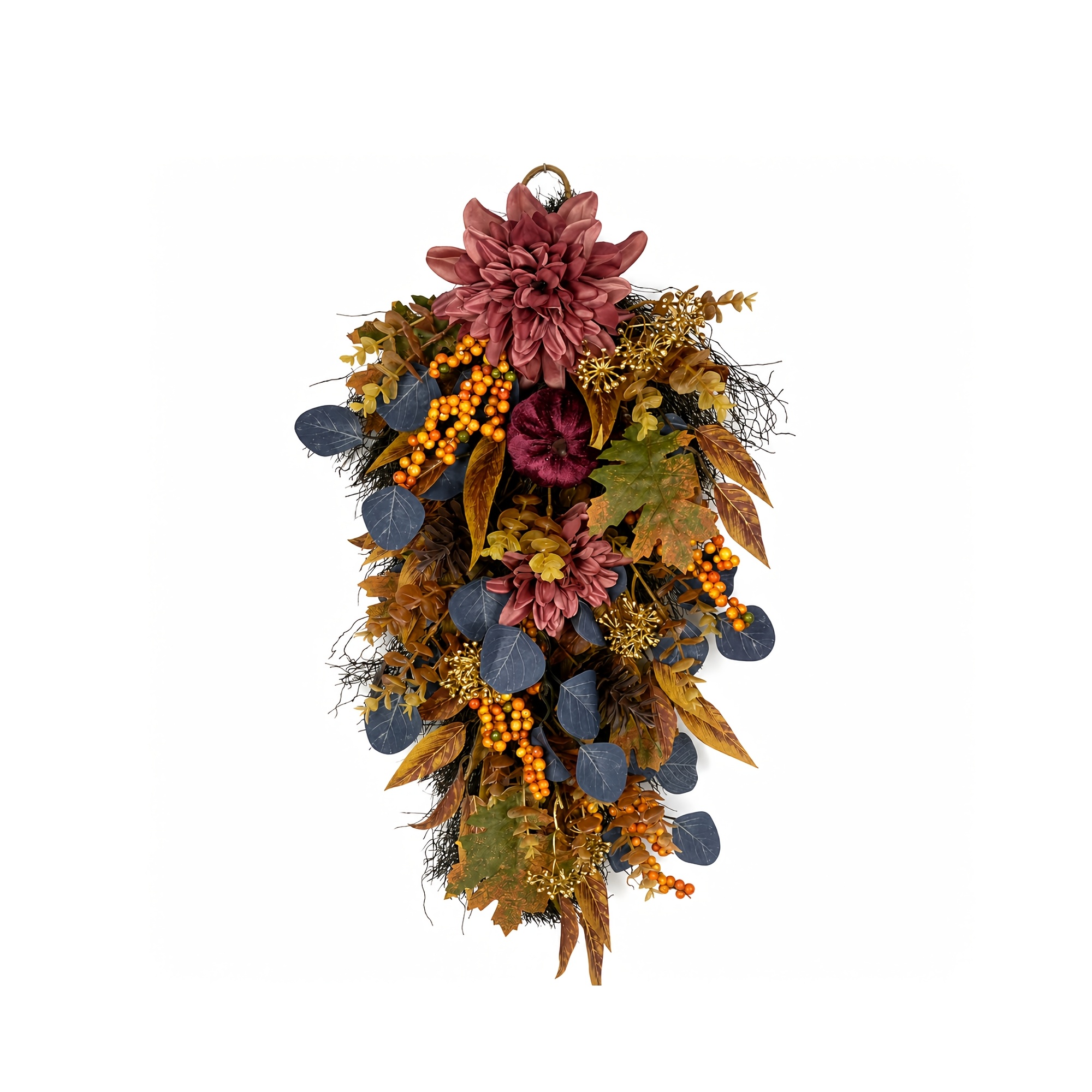 TEMU 1pc Artificial Fall Teardrop Wall Hanging, Vintage Dusty Pink Dahlias With Blue Eucalyptus Berries, Thanksgiving Harvest Wall Porch Home Decor