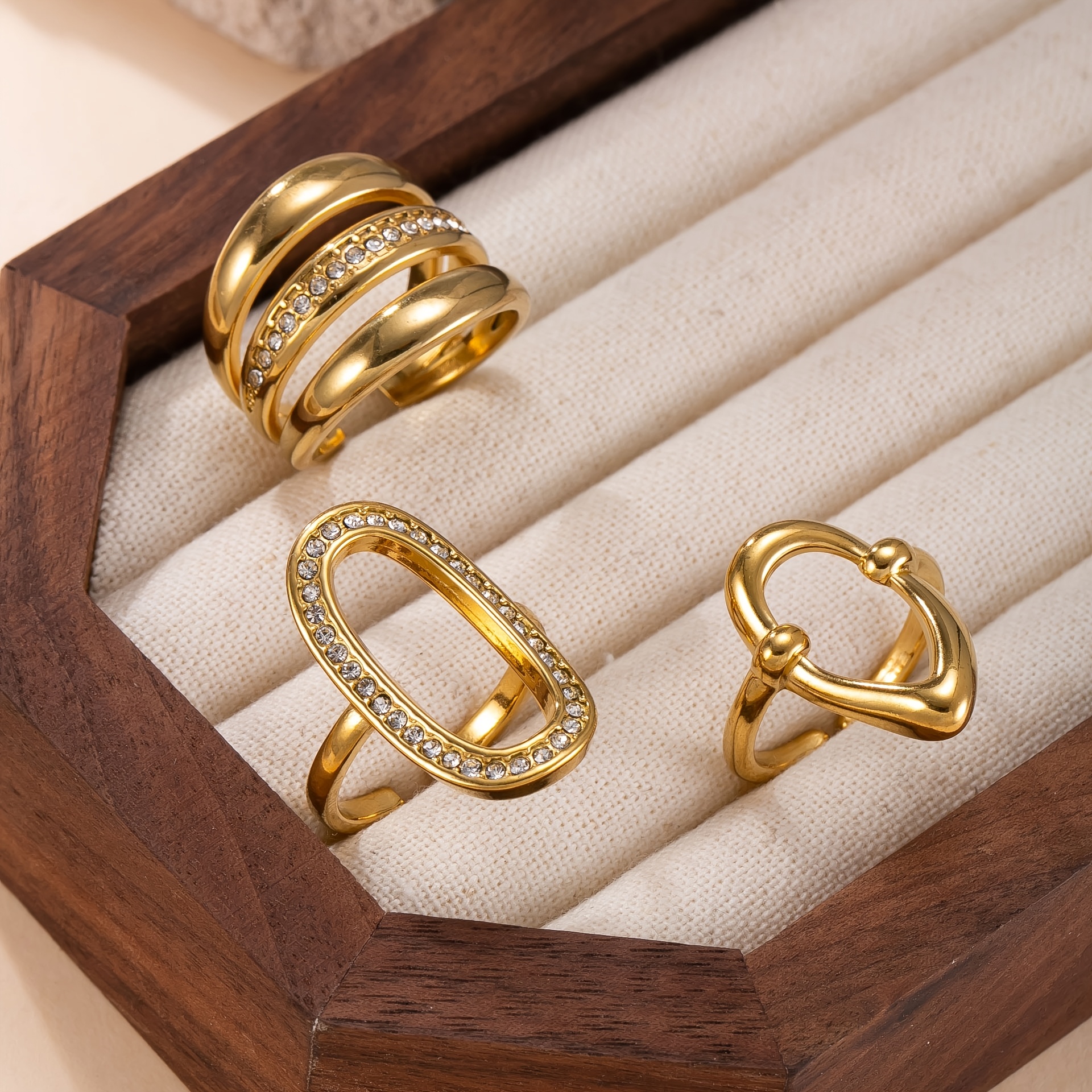 TEMU 3pcs Fashion Stainless Steel Women's Ring Set, Minimalist Open Geometric Ring, Synthetic Rhinestone Inlaid Ring, Unique And Niche Vintage Style,