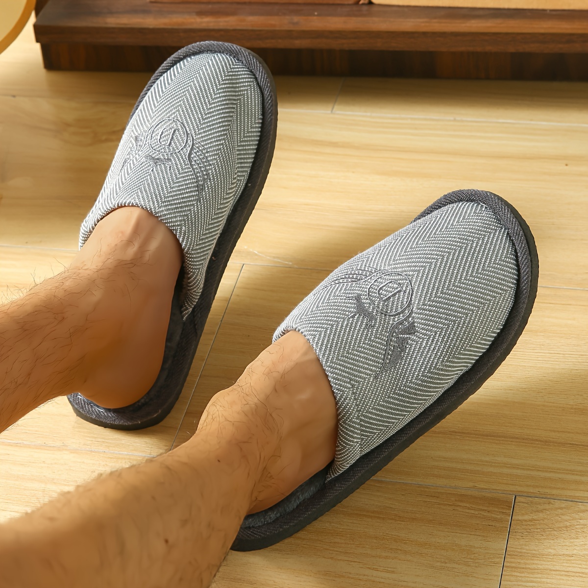 Image of Fashionable New Embroidered Diamond Pattern Couple Slippers, Thickened Fabric Comfortable And Warm Spring Autumn Winter Indoor Outdoor Slippers