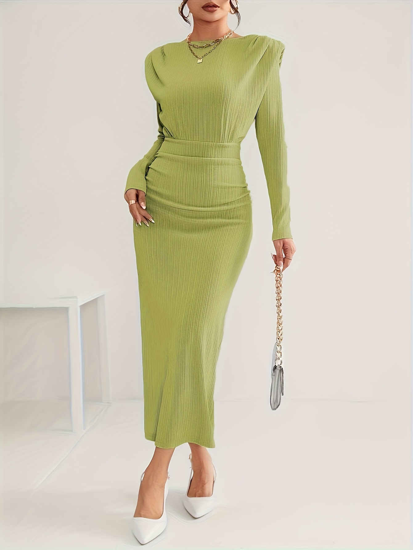Ankle Length Bodycon Dress With Sleeves Shoulder Bodycon Ankle Length Dress,  Elegant Solid Color Long Sleeve