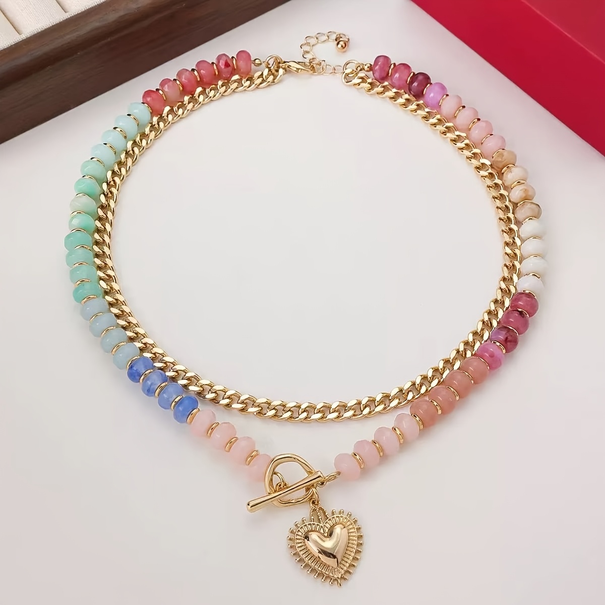 TEMU Dopamine Color-block Hand-beaded Double-layer Stackable Heart Pendant Women's Necklace, Suitable For Trendy Outfits And Vintage-style