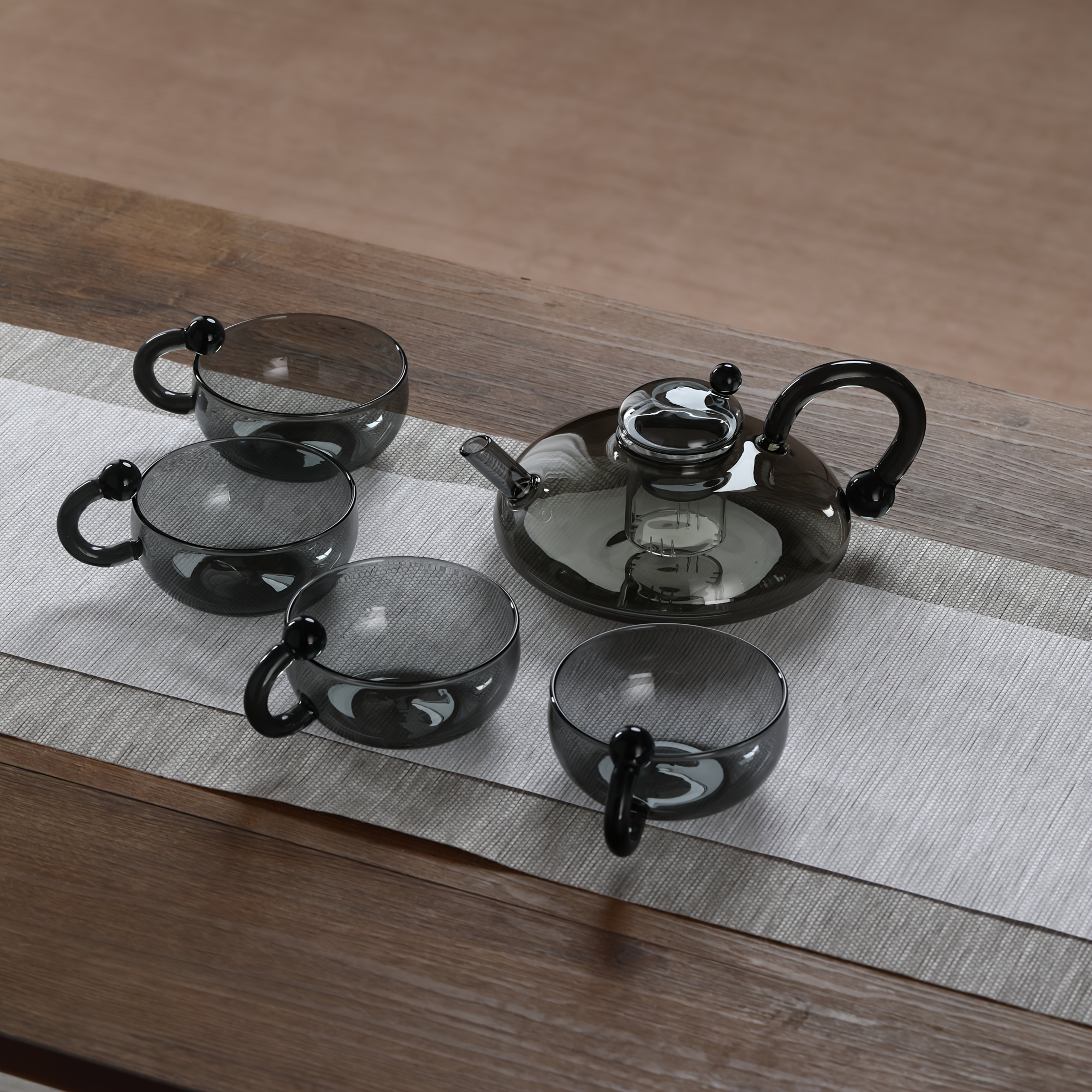 TEMU 1 Set Of Smoke Grey Mouse Tail Teapot (1 600ml Teapot And 4 180ml Glass Cups), Tea Pot, Heat-resistant Glass, Maker, Household Flower Tea, Water