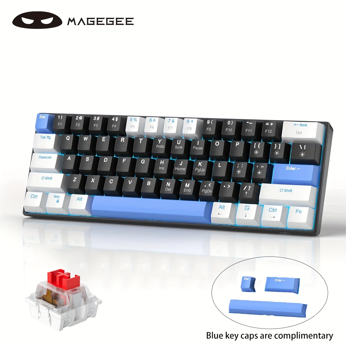 60 Percent Mechanical Gaming Keyboard, Black Gaming Keyboard with Red  Switches, Detachable Type-C Cable 60% Mini Keyboard with Powder Blue Light  for