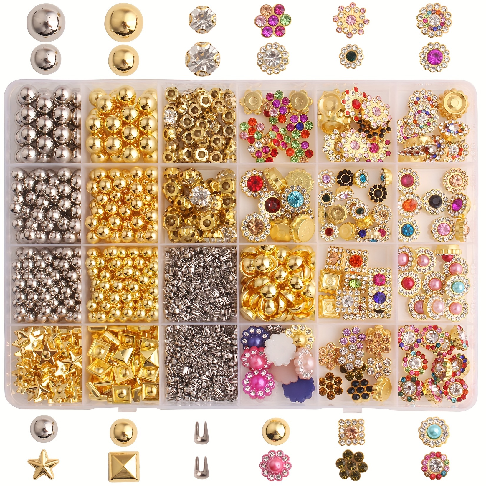 

Kit de fabrication de bijoux DIY avec 1700 perles rivets multicolores sur base en plastique, strass de formes assorties et perles rondes, 24 compartiments, décorations en forme de griffes