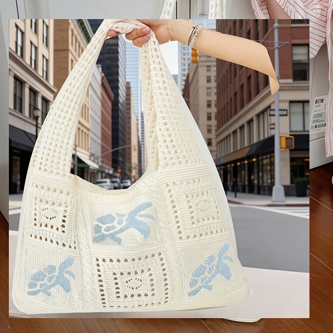 TEMU Large Capacity Light Beige Tote For Women, Featuring A Summer Crochet Design With Turtle And Palm, Ideal For Beach Travel And Leisure, Durable
