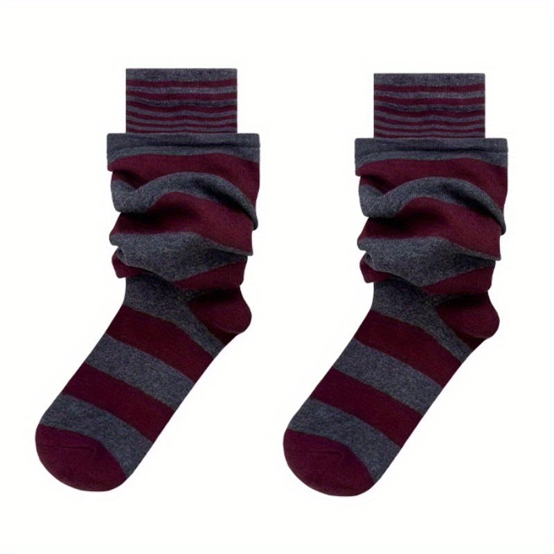 TEMU 1 Pair Of Autumn And Winter Trend Fake 2pcs Design Black And White Striped Stacking Socks Women's Warm Stacking Loose Calf Socks