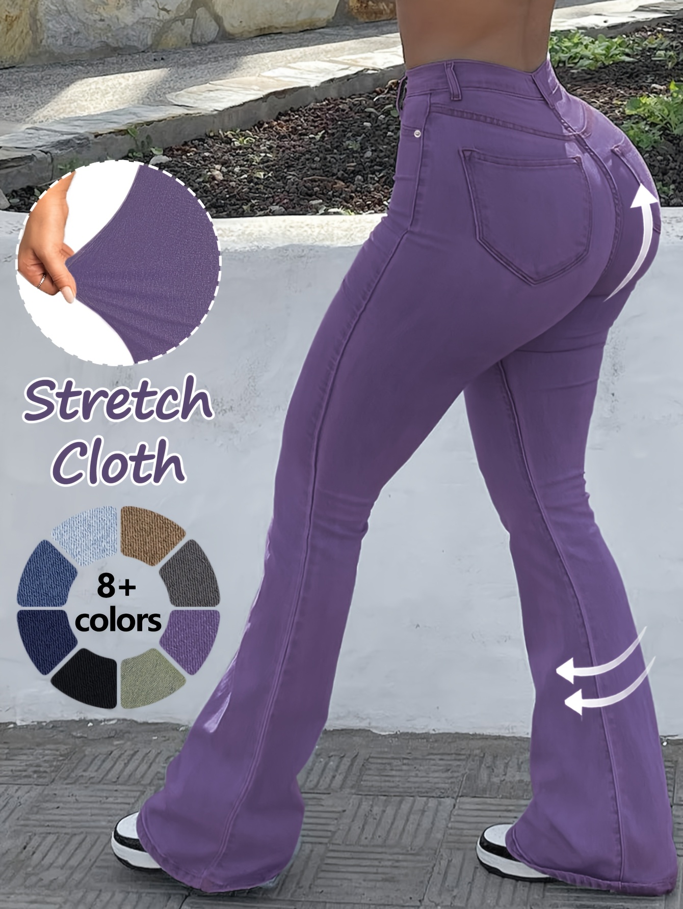 GILIPUR MH1025 Light Blue Retro High-Waist Stretch Straight Leg Women's Pants, Street Style Solid Color Long Pants with Pockets, All-Season Comfortable Stretch Fabric, Machine Washable