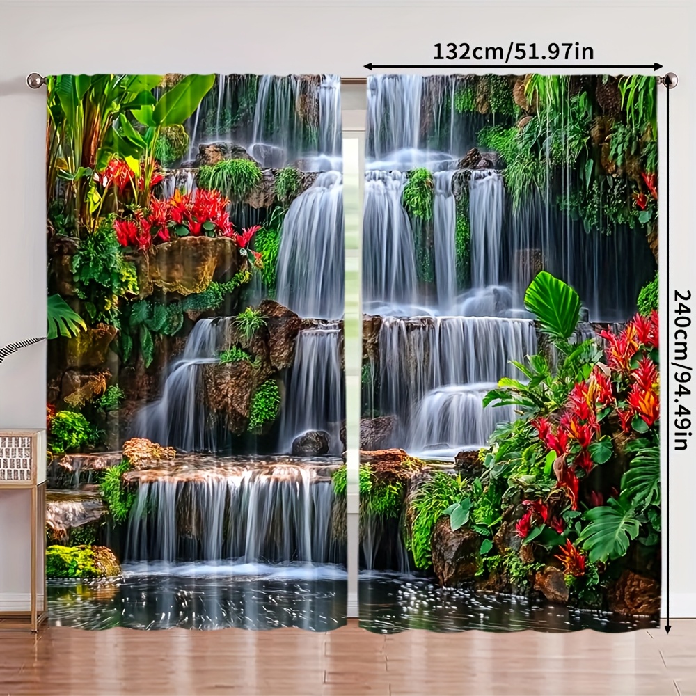 TEMU 2d Flat - 2d Flat - 2pcs, Curtain Fabric 2d Natural Landscape With Mountains Machine Washable Fabric (without Rod, No Movement, No Battery)