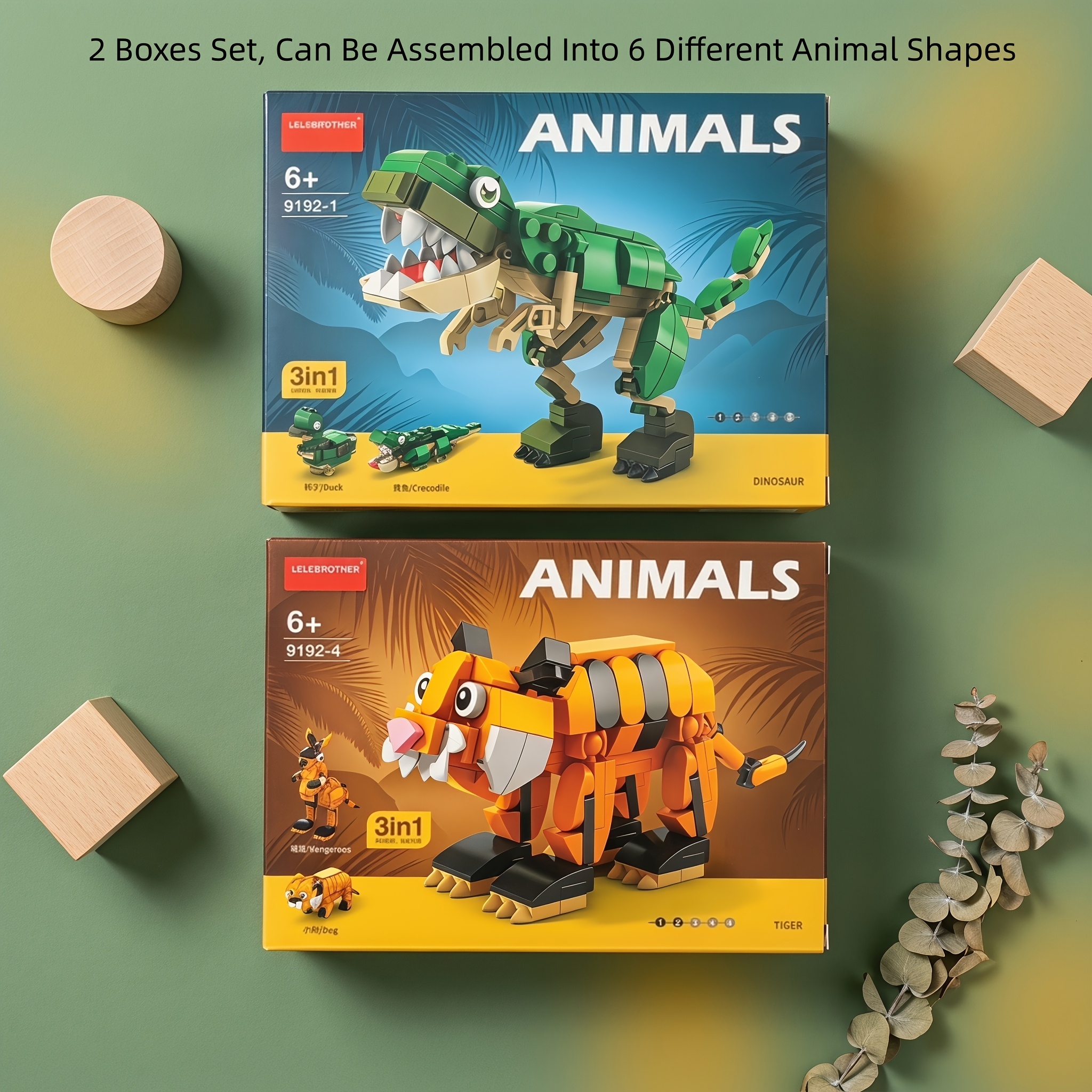 Image of 2-pack, Transformable Into 6 Animal Shapes, Animal Building Blocks. Includes Crocodile, Dinosaur, Duck, Tiger, Puppy, And Kangaroo. Ideal Christmas Gifts, Holiday Presents, And Party Favors