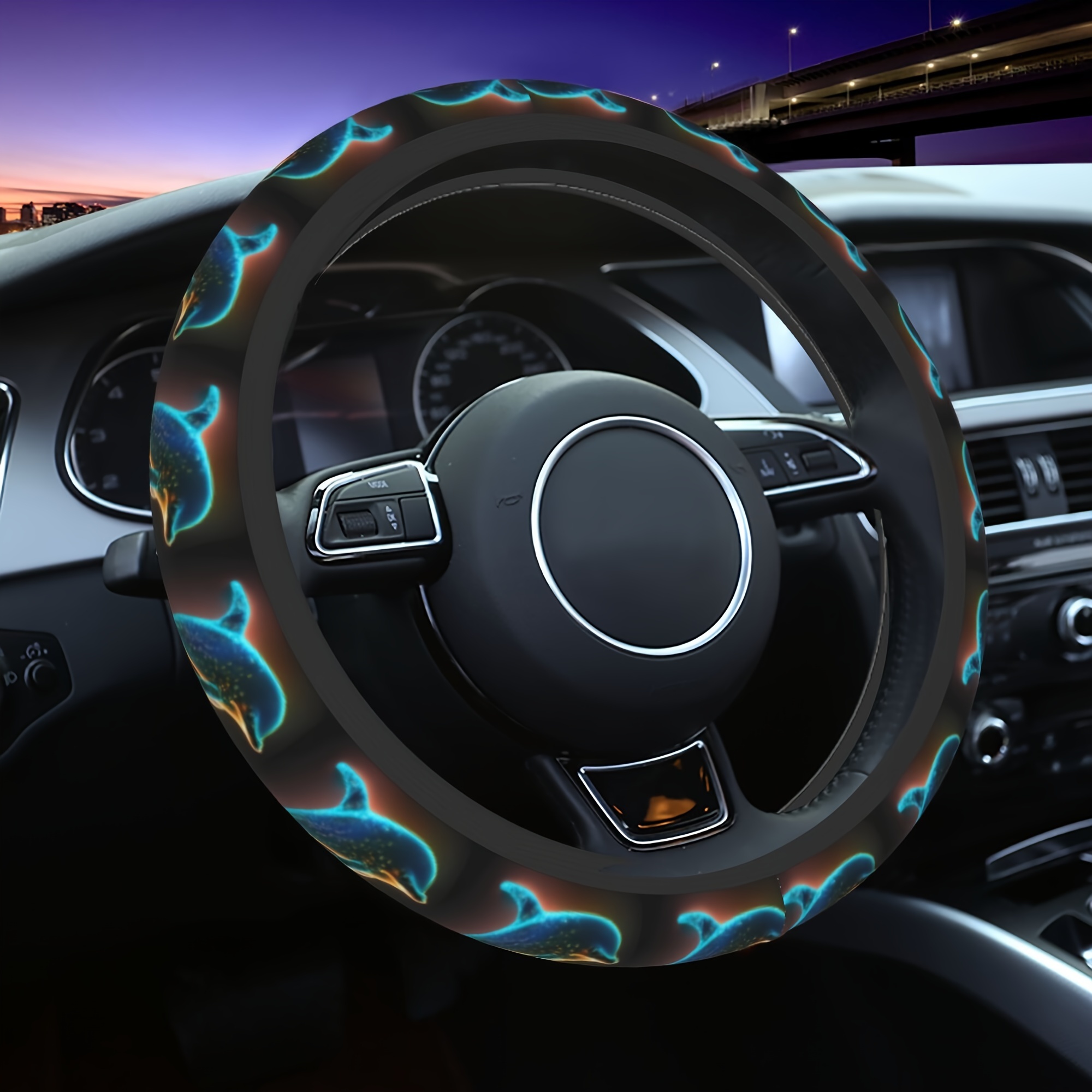 

1pc Vibrant Dolphin Print Car Steering Wheel Cover - Fit, Polyester, No , Anti-slip Grip For Control - Stylish Accessory For , Dolphin Car Accessories