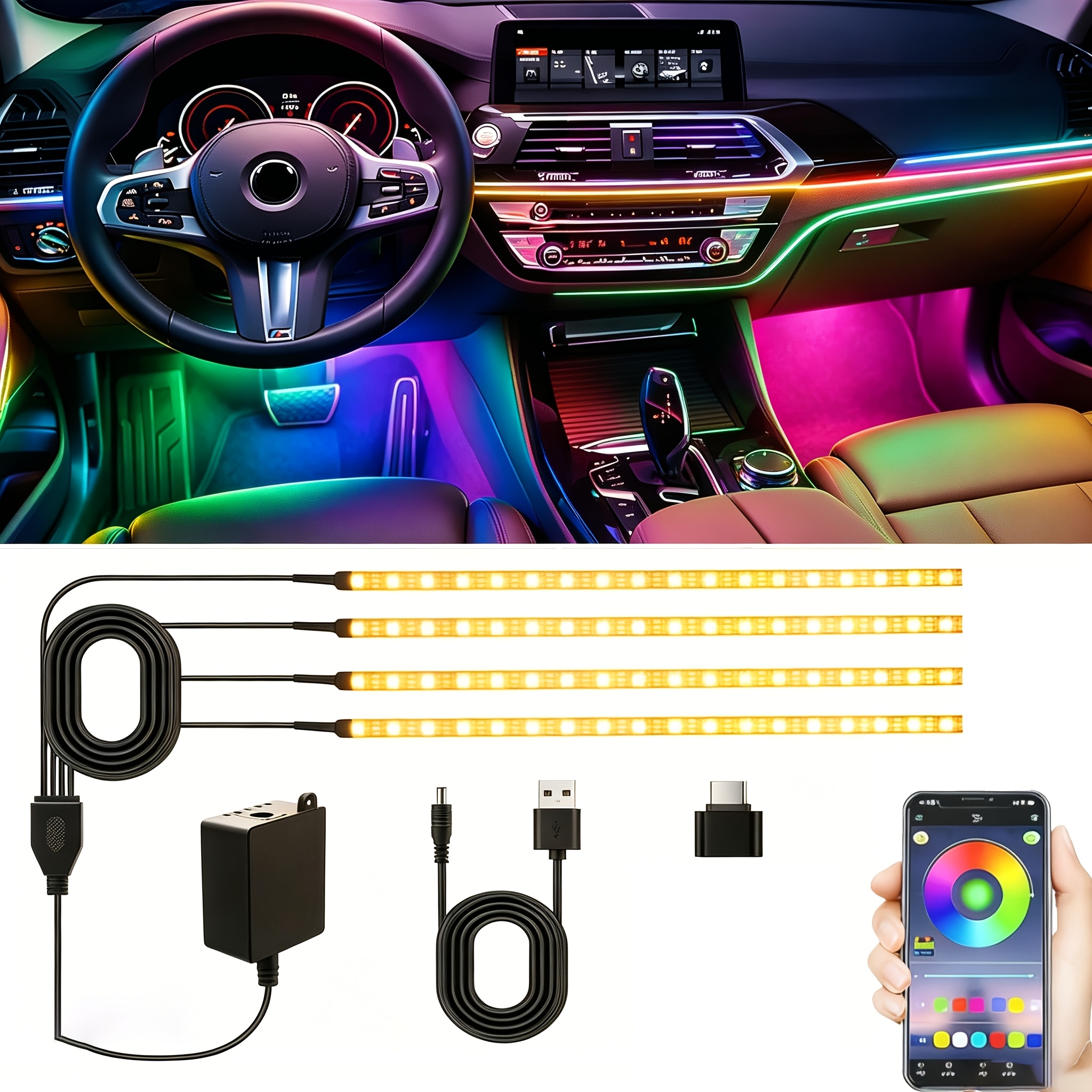 Image of Car Interior Led Neon Lights - Music Sync, Music Led Interior Lights Light Up Car Strip Lights With Sound And Remote Control, No Battery