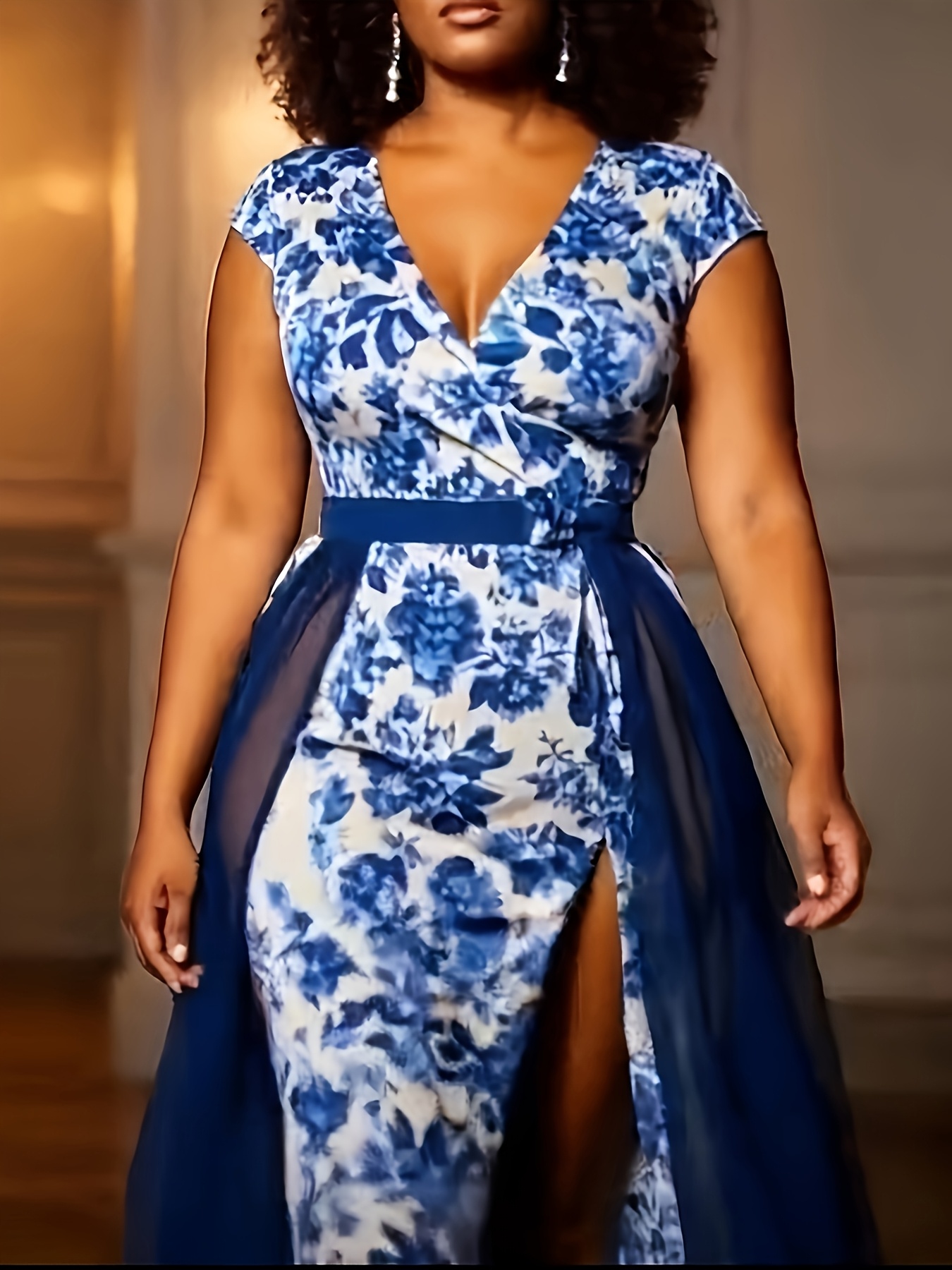 plus size - plus size - large size women's fashionable floral print dress,  long deep v-mesh dress | Check Out Today's Deals Now | Temu