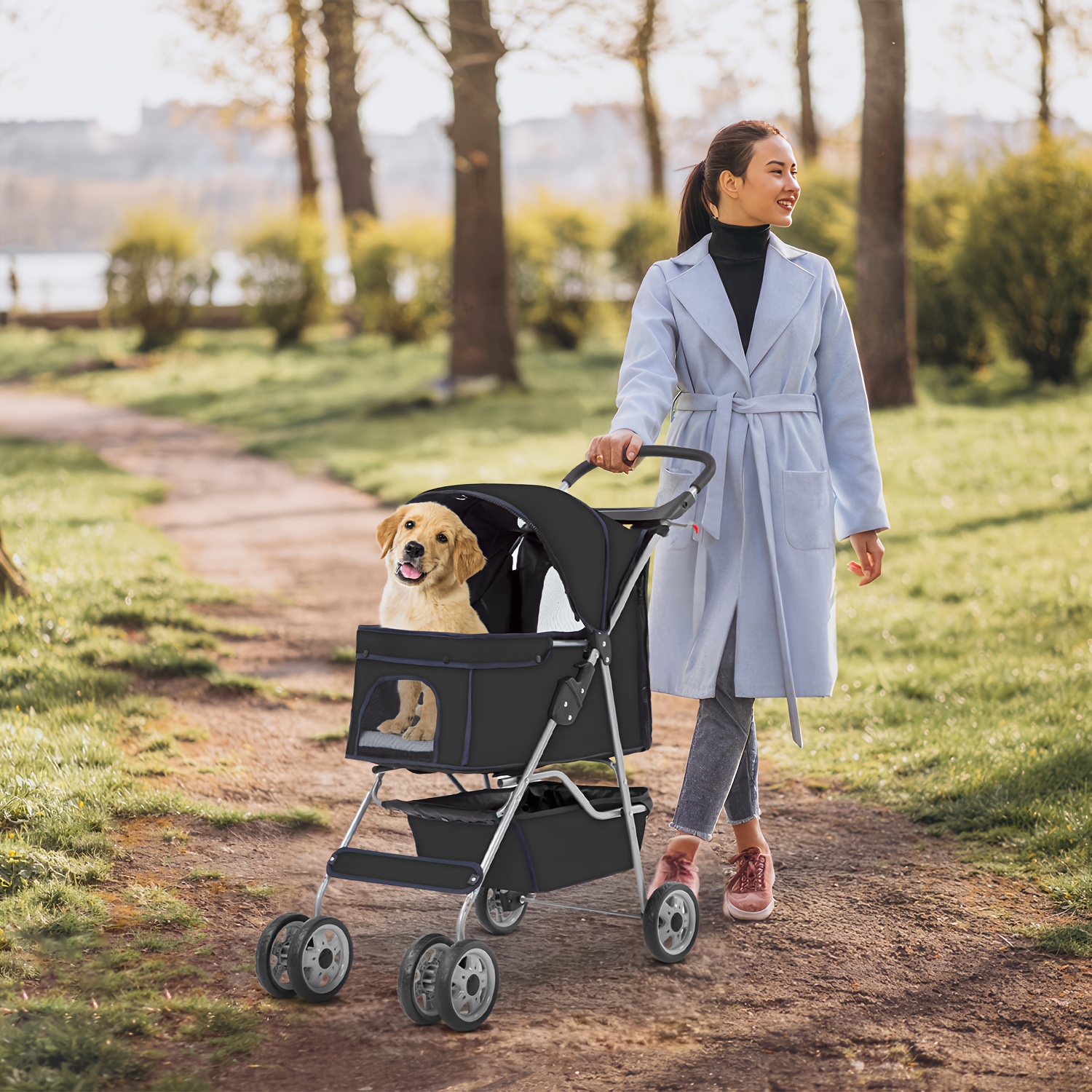 DOPINMIN Foldable Pet Travel Carrier, 4-Wheel Pet Stroller With Canopy, Waterproof Breathable Dog Cat Outdoor Push Cart For Small Medium Dogs And Cats