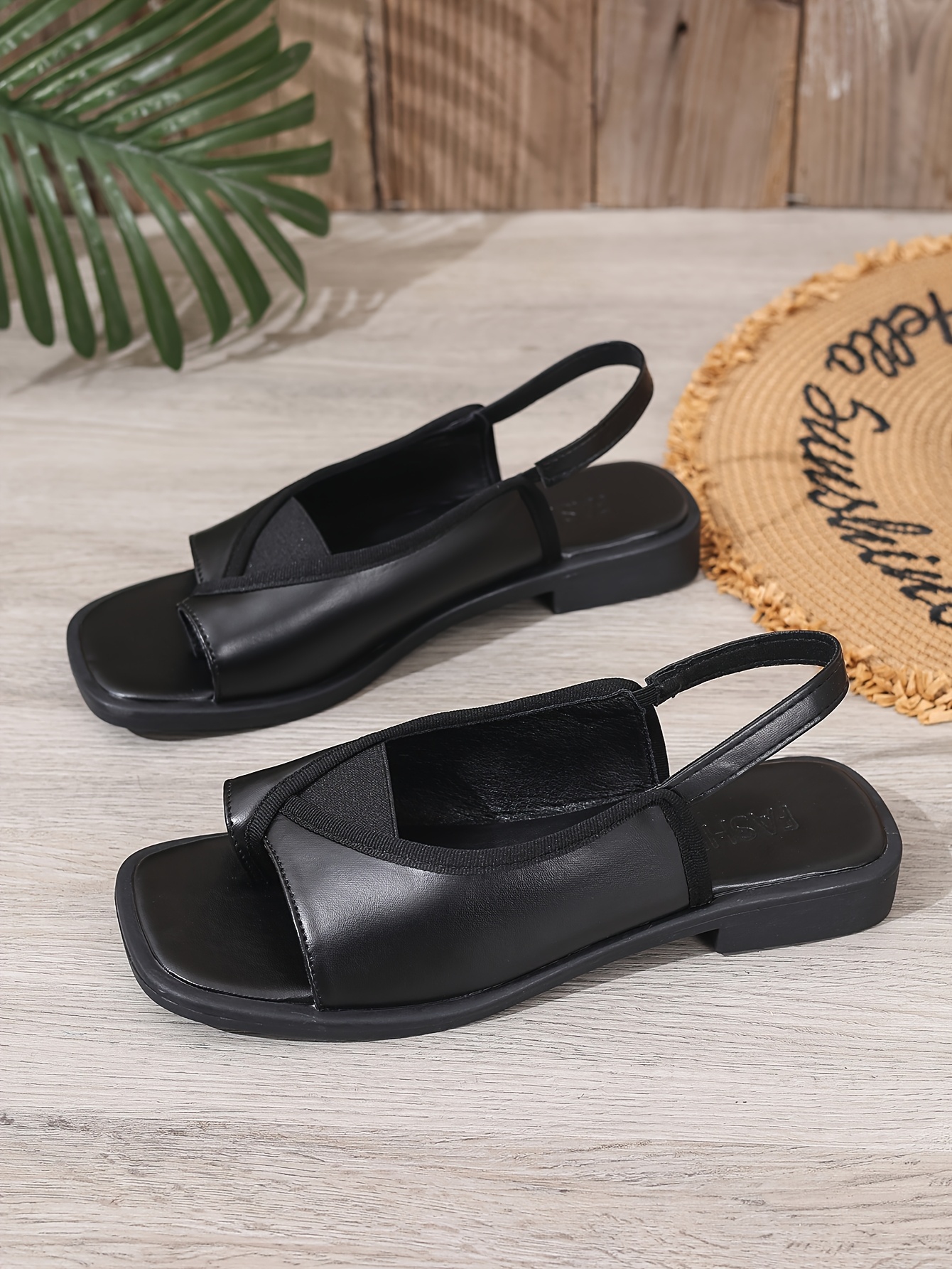 womens square toe flat slip on elastic sandals solid color open toe summer sandals casual outdoor and indoor sandals women shoes Product details 4