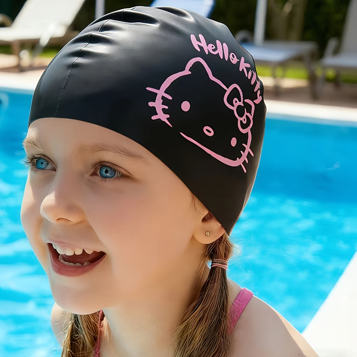 Cute Hello Kitty Printed Swim Cap, Elastic And Fitting, Cartoon Style For Boys And Girls, Waterproof Single Piece
