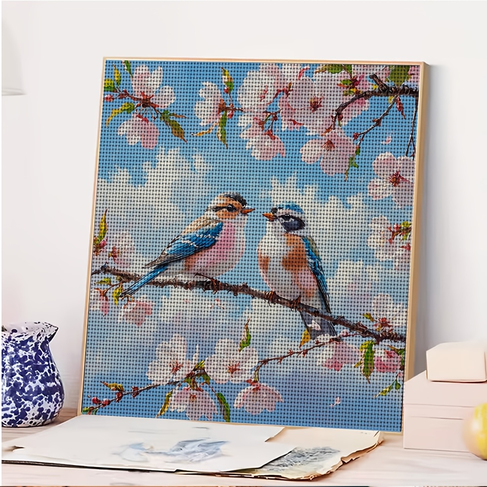 DIY Cross-Stitch Printed Kit with Two Birds on Pink Flower Branch