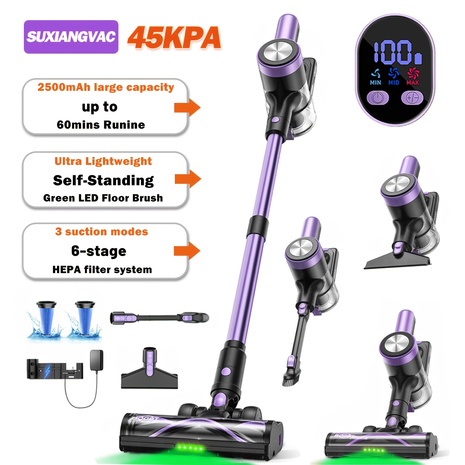 TEMU Cordless Vacuum Cleaner, 45kpa Lightweight Powerful Stick Vacuum Cleaner, 60 Mins , Self-standing, Stick Vacuum With Charging Dock Station, Led