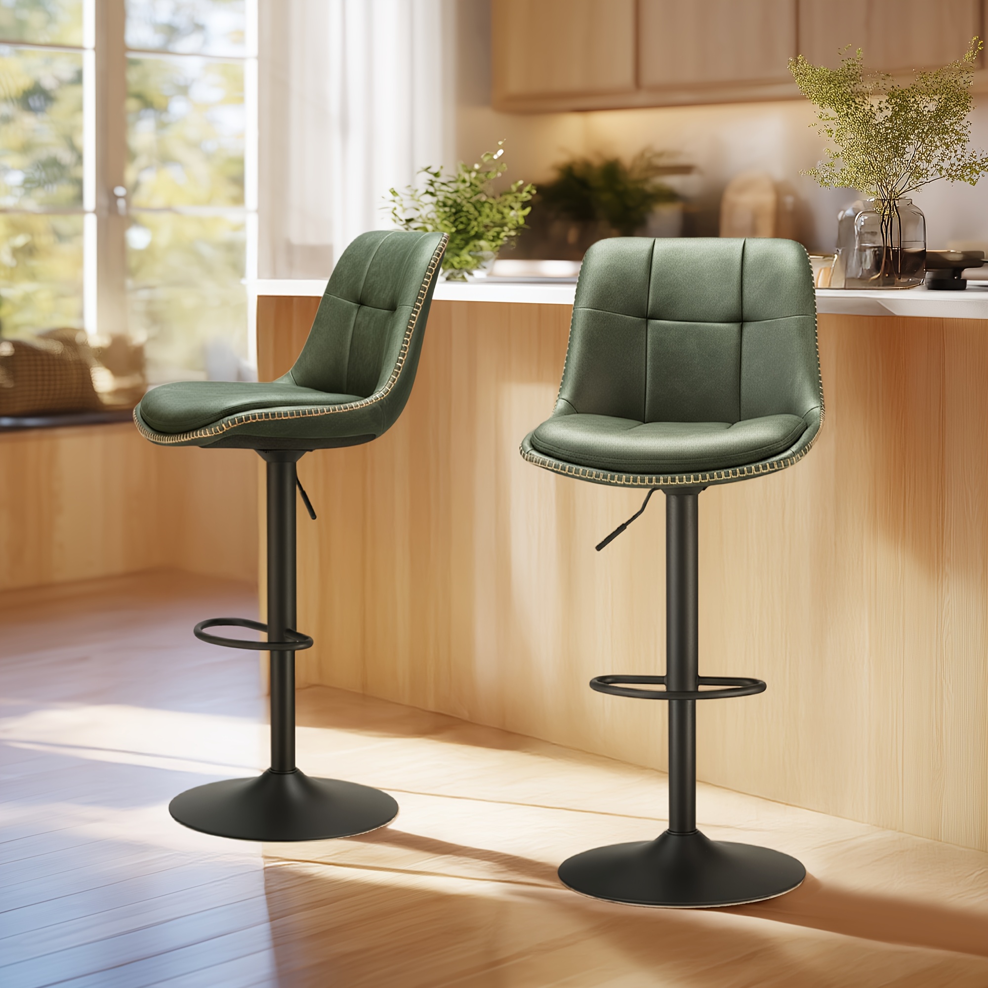 Bar Stools Set Of 2, Adjustable Swivel Counter Height Chairs With Back Support, Pu Leather, 42.9 X 48.1 X 93.1-114.1cm, Forest Green