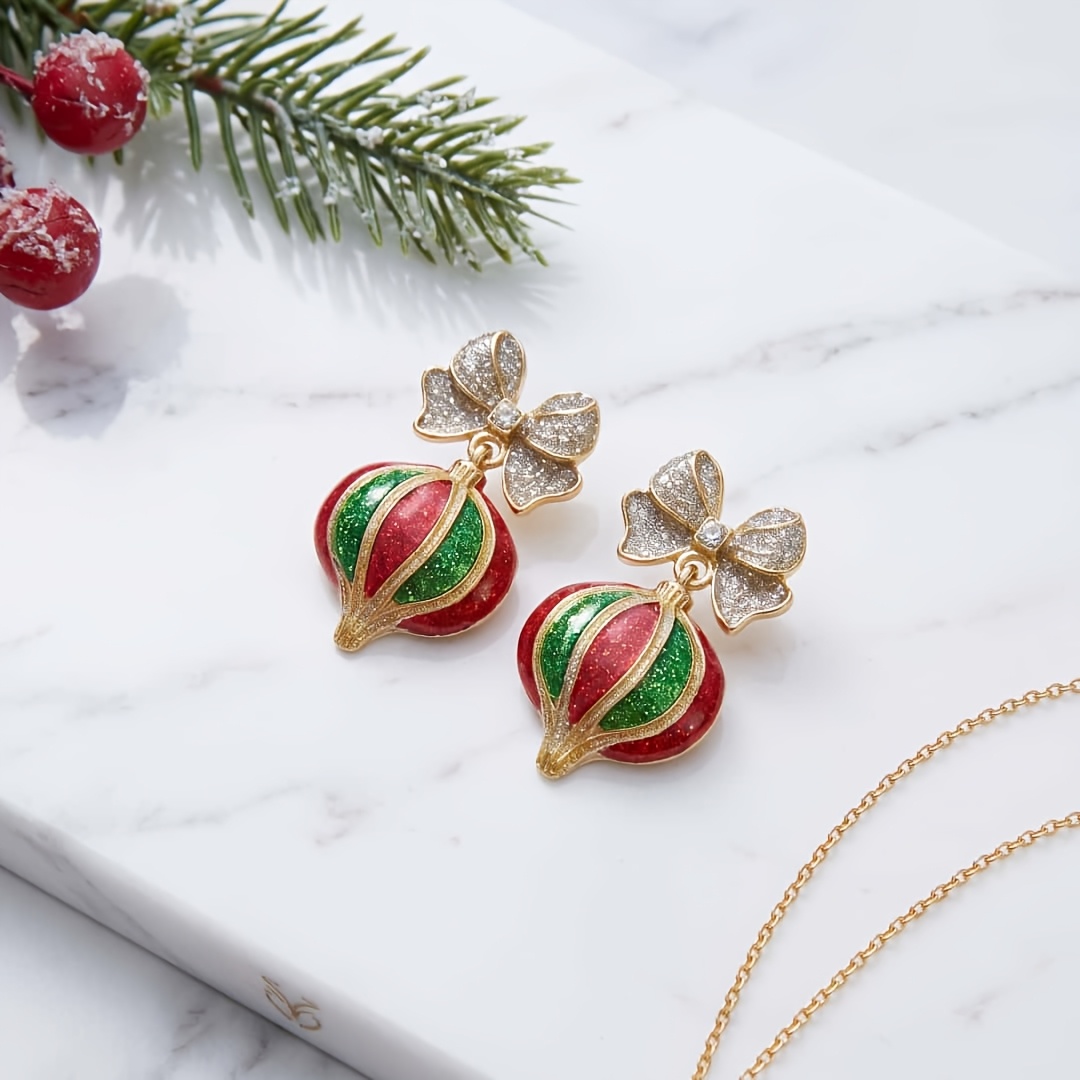 TEMU 1 Pair Of Exquisite Glitter Bow Christmas Ball Earrings, Golden Enamel Craft Women's Dangle Earrings For Christmas Party Banquet Decoration