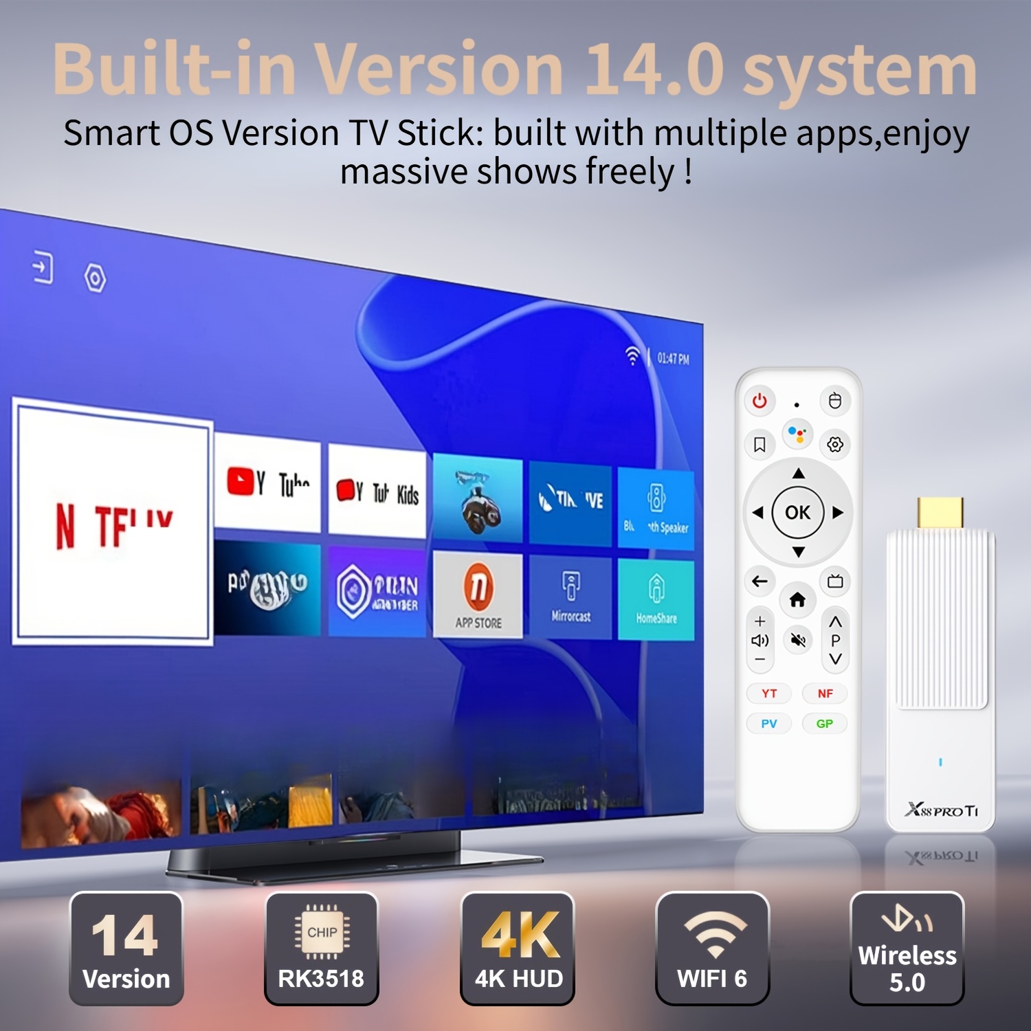 Clé TV intelligente ultra-mini X88PRO T1 blanche, nouveau modèle amélioré, design minimaliste, boîtier décodeur, Wi-Fi 6 double bande, processeur Rockchip RK3518, boîtier TV Internet, prend en charge 4K Ultra HD, lecteur TV, Android 14, sans fil 5.0+, télécommande à commande vocale