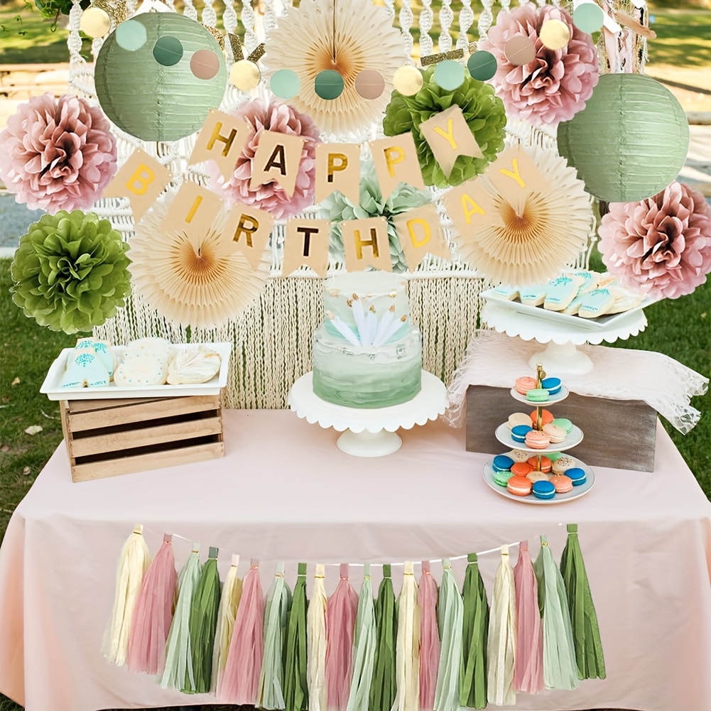 Image of 34pcs Bohemian Style Birthday Party Decoration Set In Olive Green And , Featuring Gray -poms And Tassel Garlands For Women&;s And Girls&; Party Arrangements, For Christmas, Halloween