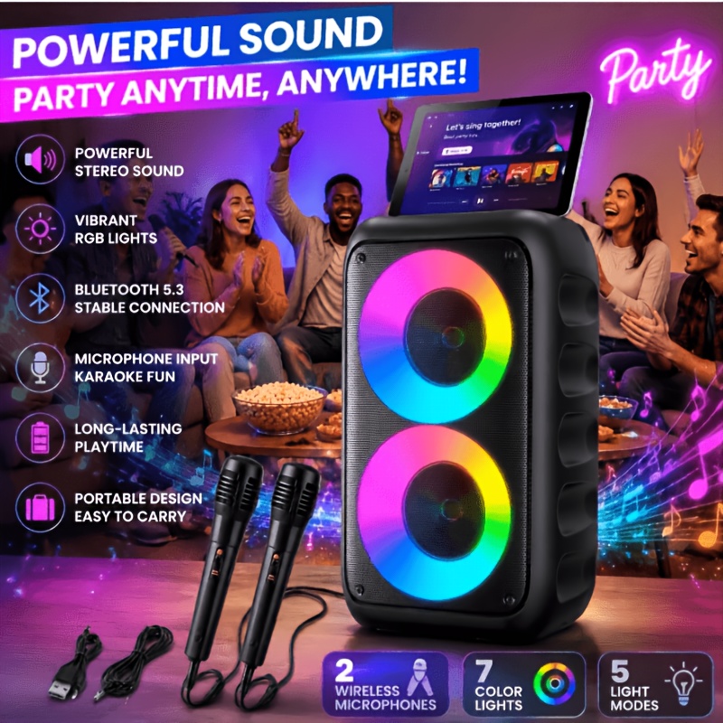 Image of Portable Bluetooth With Mic, Subwoofer, Disco Lights & Tws, 2400mah Battery, Outdoor Wireless Boombox For Home, Music Lovers, Holiday Gift