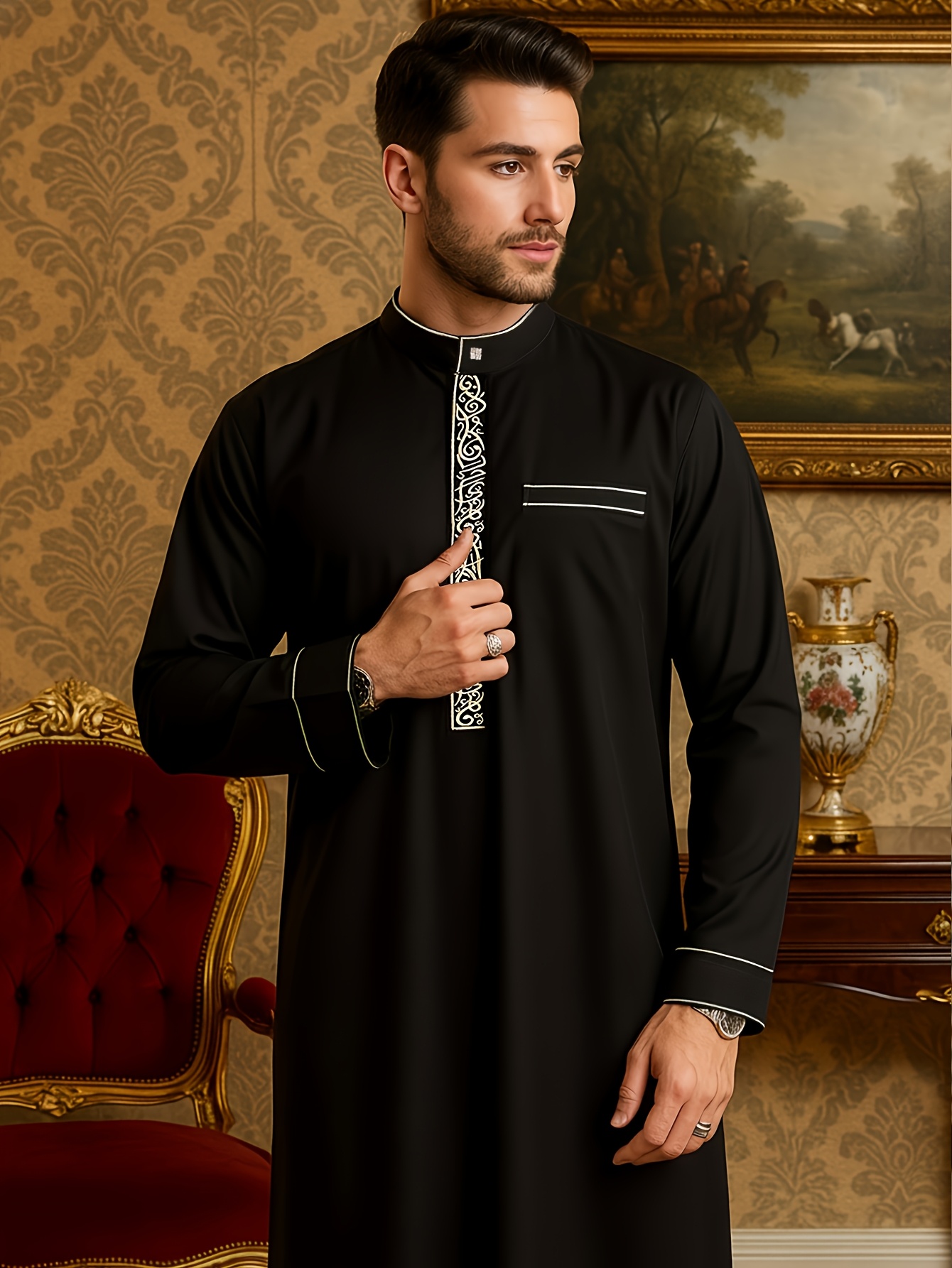 Color: Black A Men’S Traditional Cultural Clothing Arab Islamic Stand-Up Collar Golden Embroidery Men’S Robe Four Seasons Eid Al-Fitr Eid Al-Adha Qurban Festival Traditional Festival Arab Robe Clothing Only Sells Tops