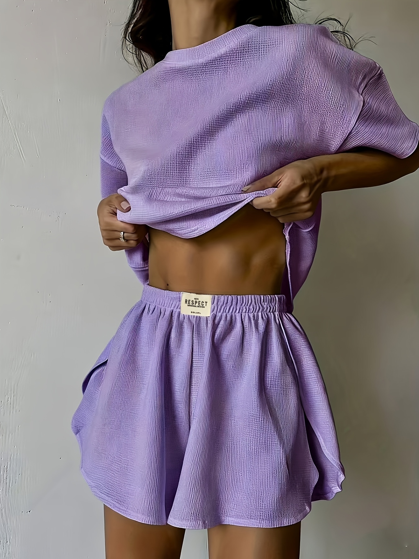 waffle short sleeve shorts loungewear   and lazy style womens home casual 2pcs set   in bean red burgundy taro purple three   options multi   wear waffle texture loose cut comfortable   for home