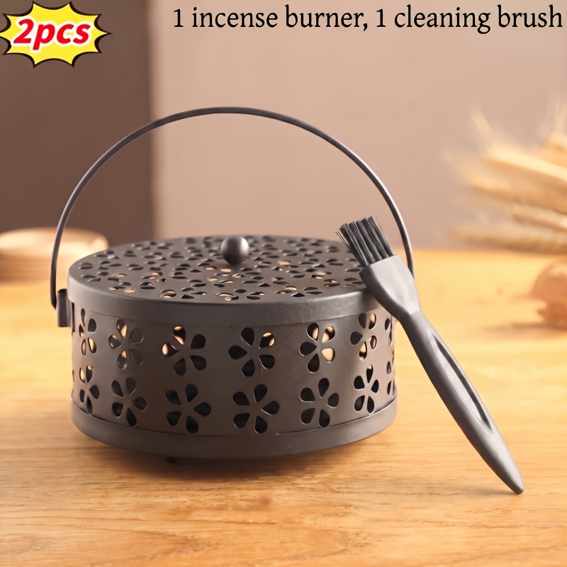 TEMU 2pcs Set: Ornate Openwork Wrought Iron Coil Holder With Cleaning Brush, Iron Incense Holder With Lid, Fireproof And Non-slip Coil Storage Box,