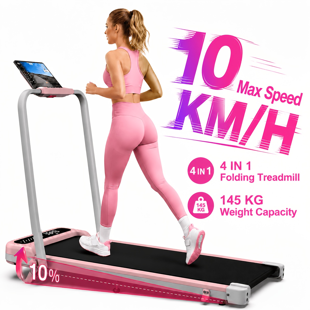 Foldable Home Treadmill With Incline, Compact Walking Pad, 145kg, Remote Control, 40db , Multifunctional Led Display