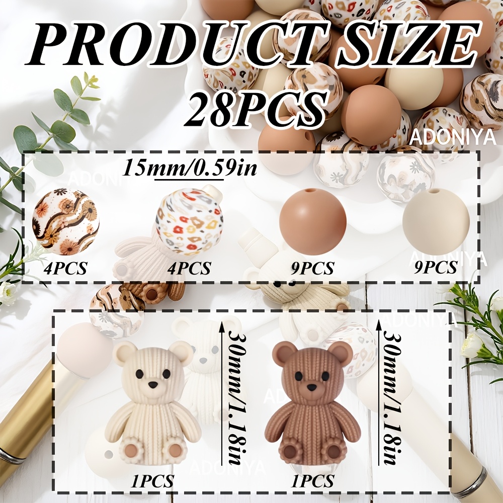 TEMU 28pcs Retro Striped Bear Silicone Beads, Milk Tea , Cute 3d , With Floral Leopard Print Round Beads, Suitable For Enthusiasts Making Decorative