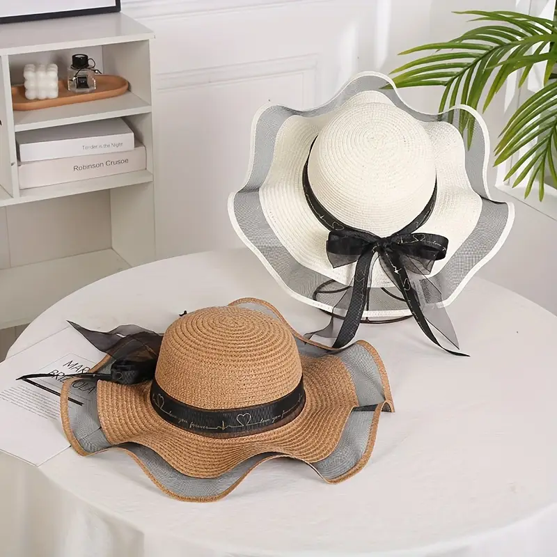 elegant wide brim sun hat with bowknot uv protection breathable straw beach cap for for outdoor leisure details 6