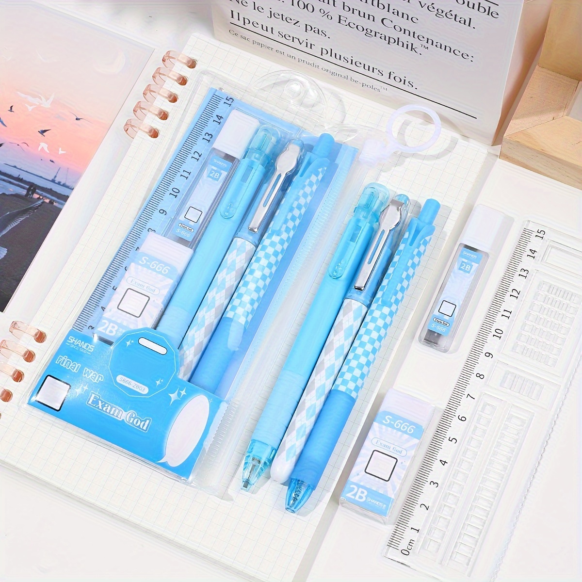 Image of 6pcs/set Student Exam Stationery Set, (2pcs Black Ink Gel Pen + 1pc Ruler + 1pc Pencil + 1pc Pencil Refill + 1pc Eraser), School Holiday Gift Learning Supplies