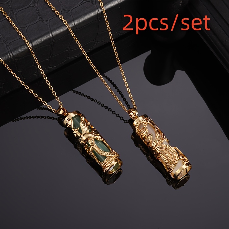 

2pcs Premium Elegant Retro Golden Necklaces, Caved Phoenix & Long Copper & Simulation Jade Pendant Necklaces, Girls Casual Jewelry Gifts